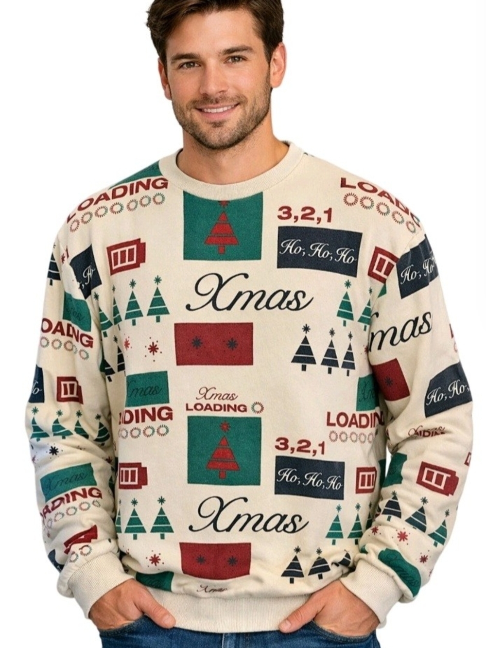 Denim & Flower Cream Xmas Crewneck Sweatshirt w/ Green/Red Prints Ugly Sweater